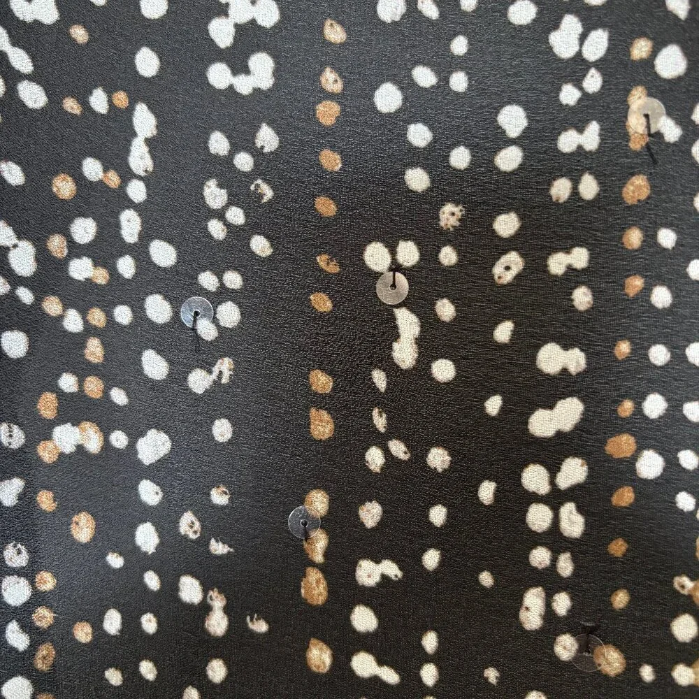 Pre-Loved Black Sheer blouse with tan and white polka dots and sporadic sequins